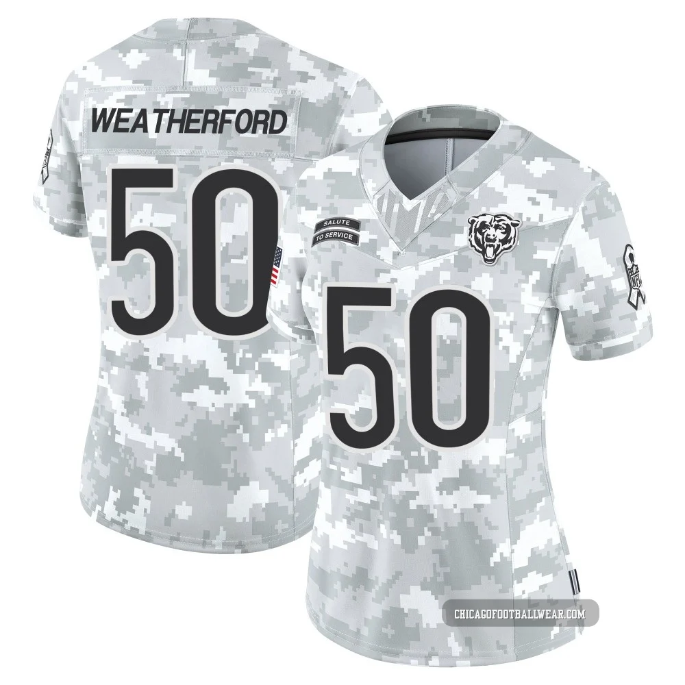 Sterling Weatherford ＃50 Women's Limited Chicago Bears Arctic Camo 2024 Salute to Service Jersey